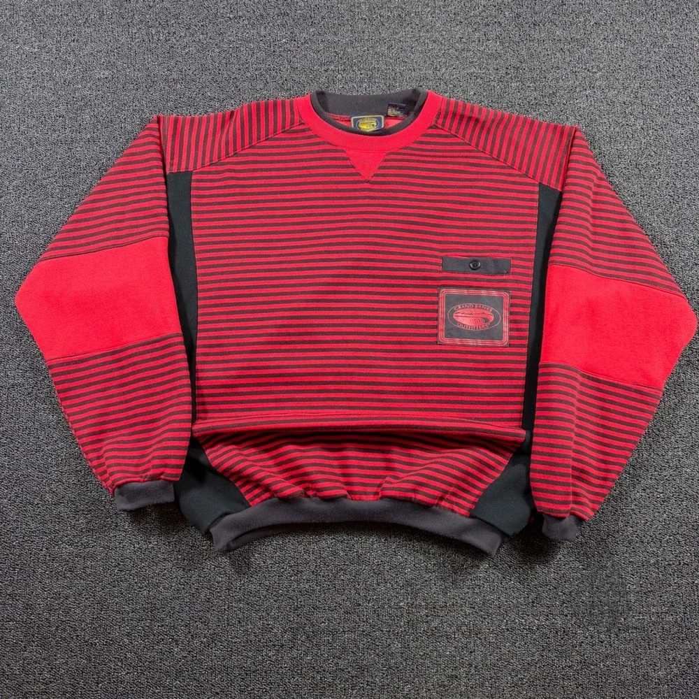 Vintage 80s Grand Banks Outfitters Retro Striped Crewneck Sweatshirt Mens XL Red